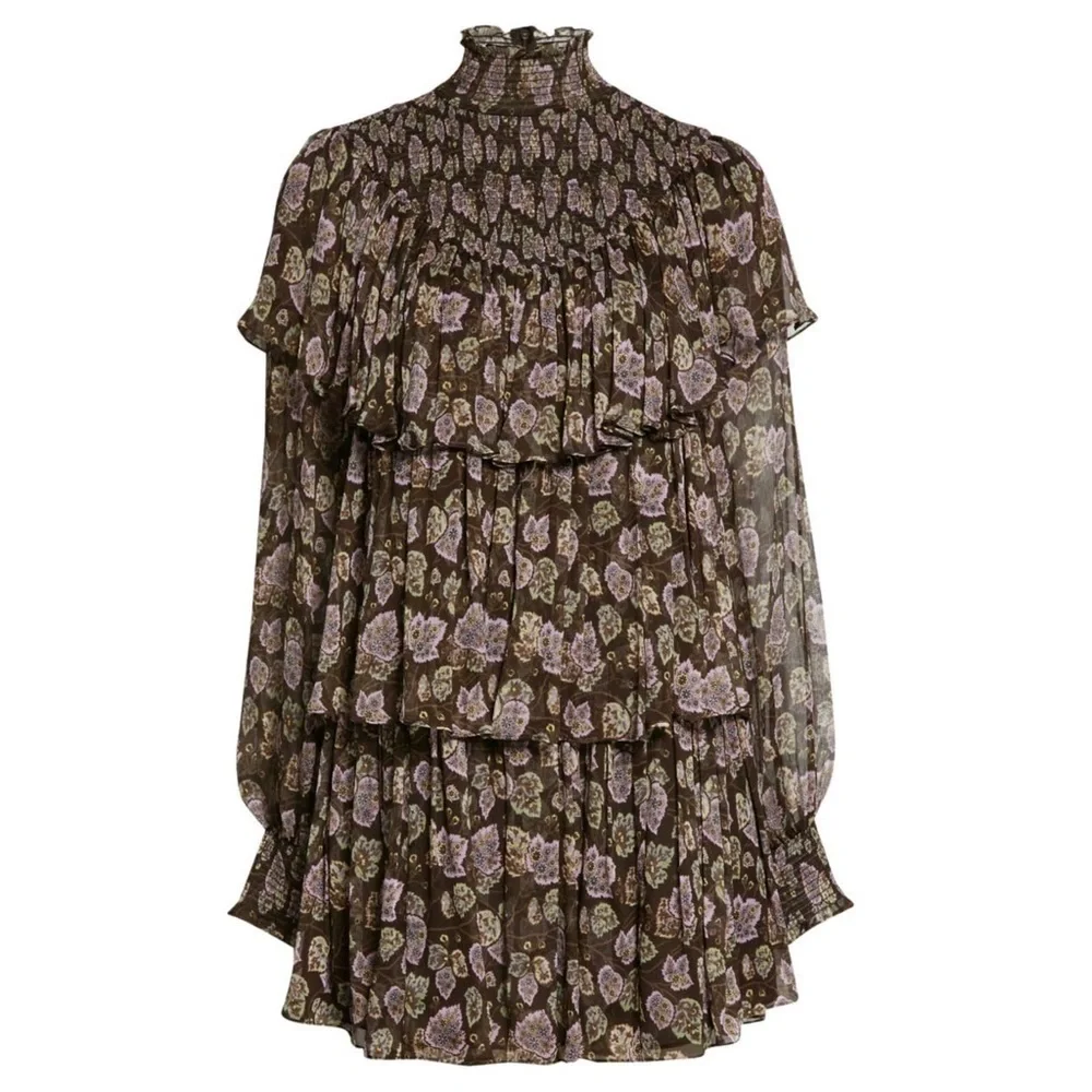 NWT CINQ A SEPT Boho Floral Ruffle Puffed Long Sleeve Smocked High‎ Neck Dress 8